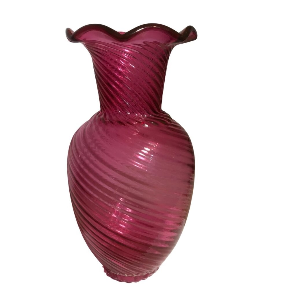 Cranberry Swirled Glass Vase With Fluted Top 11"  MCM Vintage Eye Catching